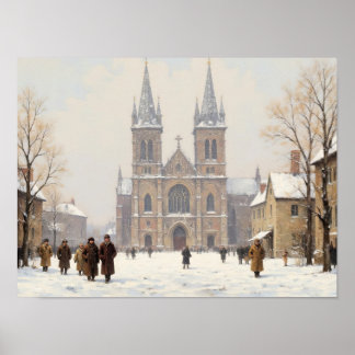 Schneebedeckter Domplatz, impressionistisches Ölge Poster