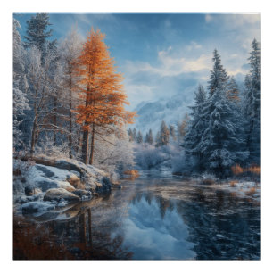 Schneebedeckter Fluss im Wald und Berg Poster