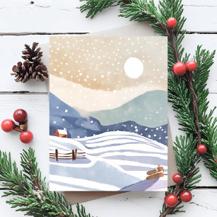 Schneebedeckter Hang Wasserfarben Winter Feiertagskarte