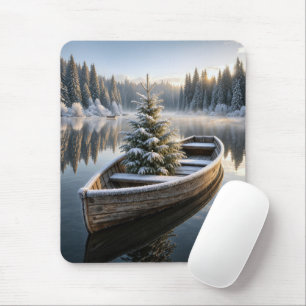 Schneebedeckter Immergrüner Baum in einem rustikal Mousepad