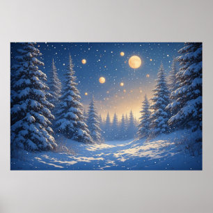 Schneebedeckter Kiefernwald unter einem sternenkla Poster