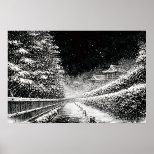 Schneebedeckter Tempelpfad bei Nacht – Japanische  Poster