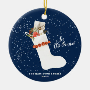Schneebedeckter Vintager Strumpf   Weihnachts-Foto Keramik Ornament