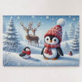 Schneebedeckter Wald mit Pinguinen und Rentieren Puzzle (Horizontal)