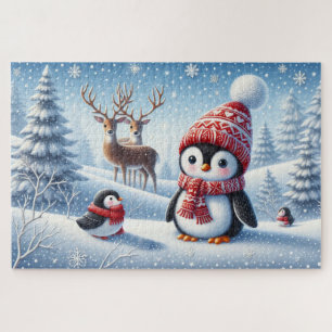 Schneebedeckter Wald mit Pinguinen und Rentieren Puzzle