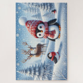 Schneebedeckter Wald mit Pinguinen und Rentieren Puzzle (Vertikal)