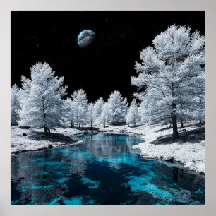 Schneebedeckter Wald und ruhiger See unter dem Him Poster