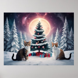 Schneebedeckter Weihnachtsbaum mit Katzen Poster
