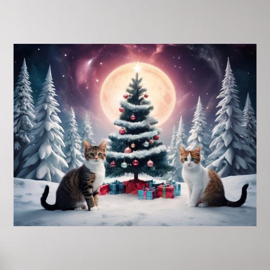 Schneebedeckter Weihnachtsbaum mit Katzen Poster (Vorne)