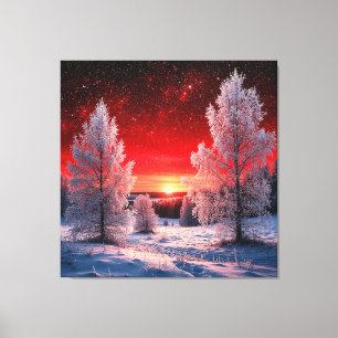 Schneebedeckter Winterwald unter rotem Sonnenunter Leinwanddruck