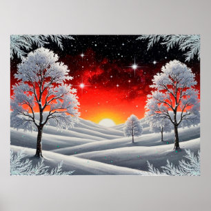 Schneebedeckter Winterwald unter rotem Sonnenunter Poster