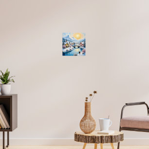Schneebedecktes Winterdorf im goldenen Sonnenlicht Poster