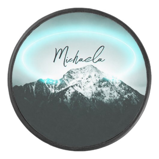 Schneeberg mysteriös blaues Neonlicht-Monogramm Eishockey Puck (Vorderseite)