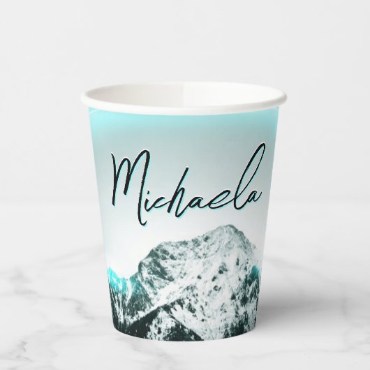 Schneeberg mysteriös blaues Neonlicht-Monogramm Pappbecher (Links)