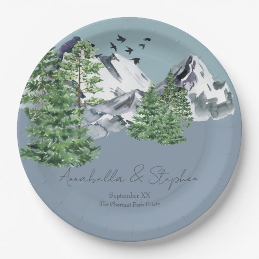 Schneebewald Landschaft Pine Forest on Dusty Blue Pappteller (Vorderseite)