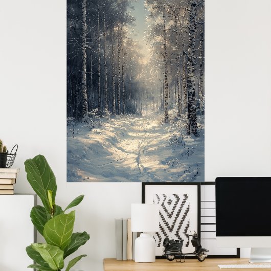 Schneebezaubernder Wald in einfarbigem Weiß Poster (Heimbüro)