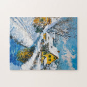 Schneedorf mit Bach und Bäumen Fantasy-Gemälde Puzzle (Horizontal)