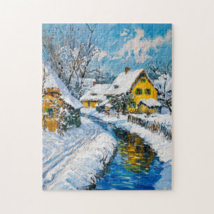 Schneedorf mit Bach und Bäumen Fantasy-Gemälde Puzzle