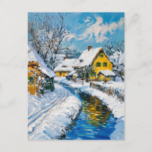 Schneedorf mit Bach und Bäumen Fantasy-Malerei Postkarte