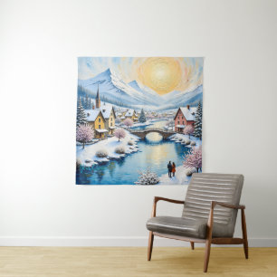 Schneedorflandschaft bei goldenem Sonnenlicht Wandteppich