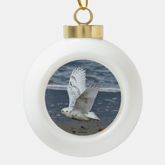 Schneeeule am Strand Keramik Kugel-Ornament (Vorderseite)