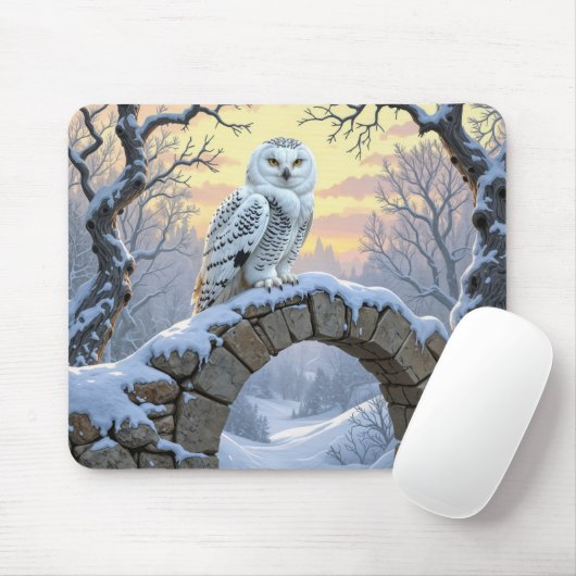 Schneeeule auf einem steinernen Bogen Mousepad (Mit Mouse)
