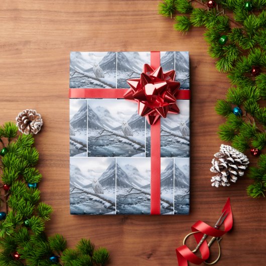 Schneeeule auf einem winterlichen Ast Geschenkpapier (Feiertagsgeschenk)
