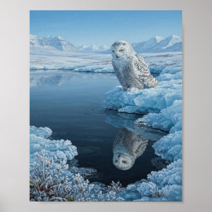 Schneeeule auf Eisloch im arktischen Bachwasser si Poster