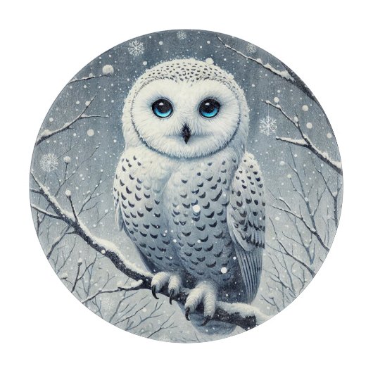 Schneeeule auf winterlichem Ast Schneidebrett (Vorderseite)