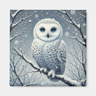 Schneeeule auf winterlichem Ast sitzend Wildlife Magnet
