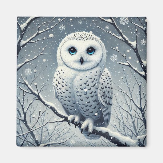 Schneeeule auf winterlichem Ast sitzend Wildlife Magnet (Vorne)