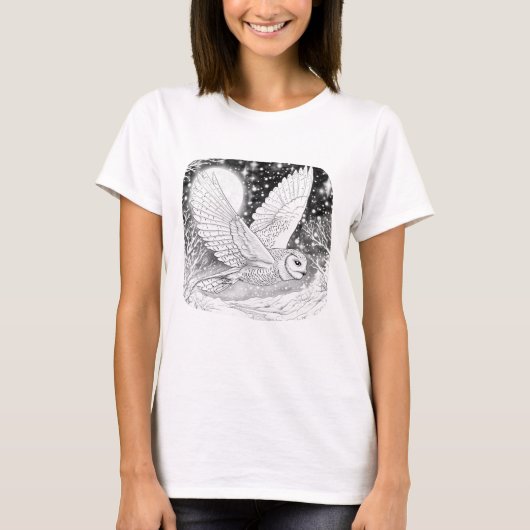 Schneeeule Eule bei Nacht unterm Sternenhimmel T-Shirt (Vorderseite)