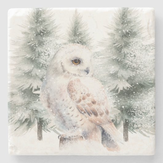 Schneeeule im Immergrün Steinuntersetzer (Vorderseite)