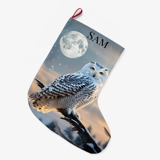 Schneeeule im Wintermondlicht mit Schneefall Großer Weihnachtsstrumpf (Vorderansicht (hängend))