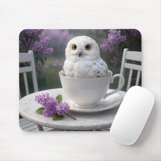 Schneeeule in einer Teetasse mit Flieder Mousepad (Mit Mouse)