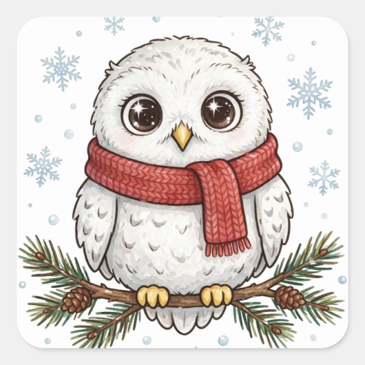 Schneeeule Roter Schal Winter Aufkleber (Vorderseite)