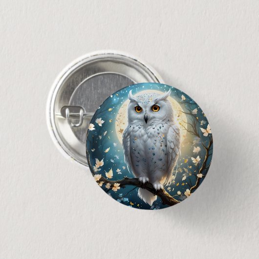 Schneeeule und Mond mit Funkeln, Button (Vorne & Hinten)