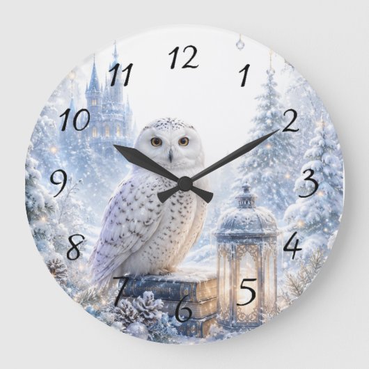 Schneeeulen-Winterzauber Große Wanduhr (Vorderseite)