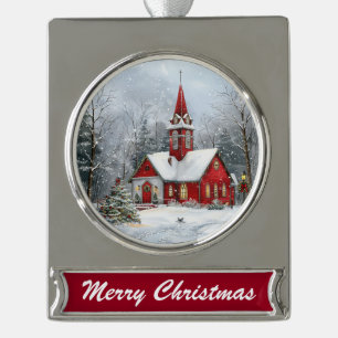 Schneefall in der Kapelle Vintage-Weihnachten Banner-Ornament Silber