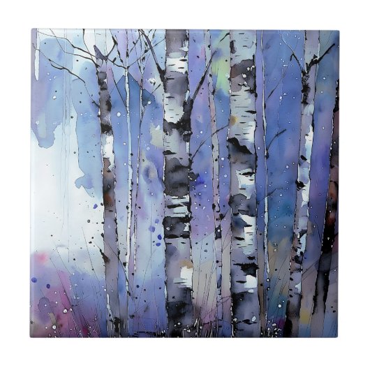 Schneefall in der verzauberten Birke Fliese (Vorderseite)