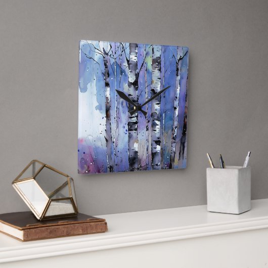 Schneefall in der verzauberten Birke Quadratische Wanduhr (Büro)