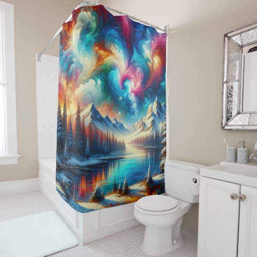 "Schneefarbene Landschaft - pulsierende Winterkuns Duschvorhang (Beispiel)