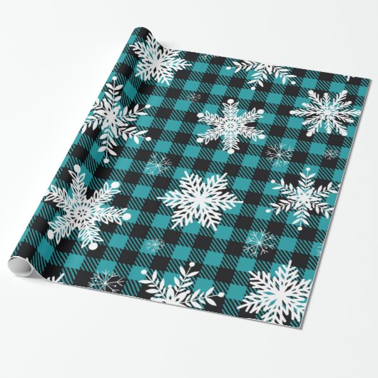 Schneeflocke Aquamarin Black Kariert Wrapping Pape Geschenkpapier (Ungerollt)