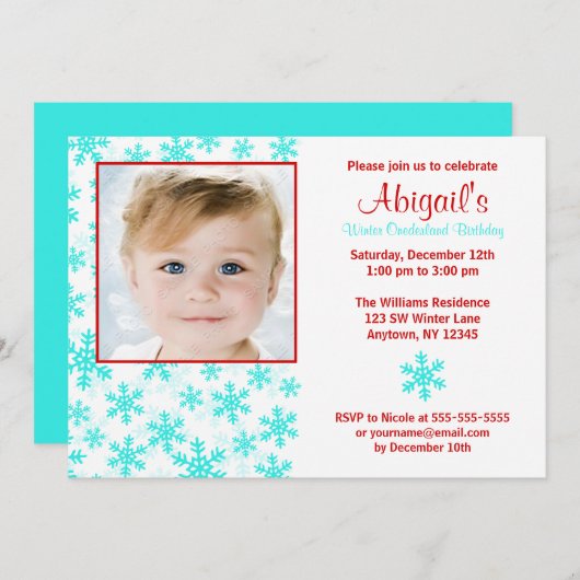Schneeflocke-aquamariner roter Winter Onederland Einladung (Vorne/Hinten)