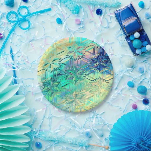 Schneeflocke aus Hartglas, farbig aquamarin, rosa  Pappteller (Party)