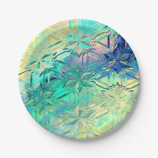 Schneeflocke aus Hartglas, farbig aquamarin, rosa  Pappteller (Vorderseite)