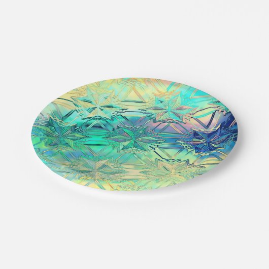 Schneeflocke aus Hartglas, farbig aquamarin, rosa  Pappteller (Schrägansicht)