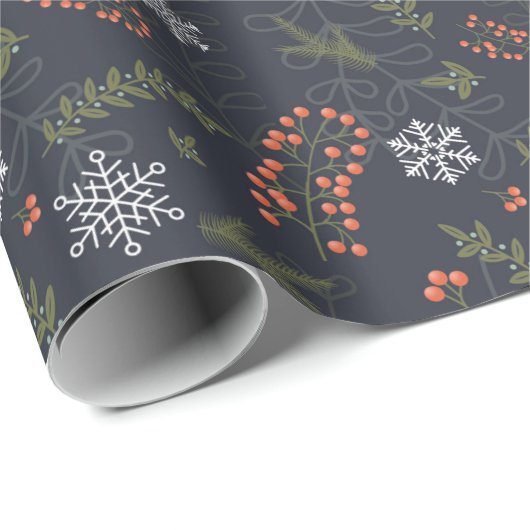 Schneeflocke, blaugrüne Blaubeeren Geschenkpapier (Rolleneckpunkt)