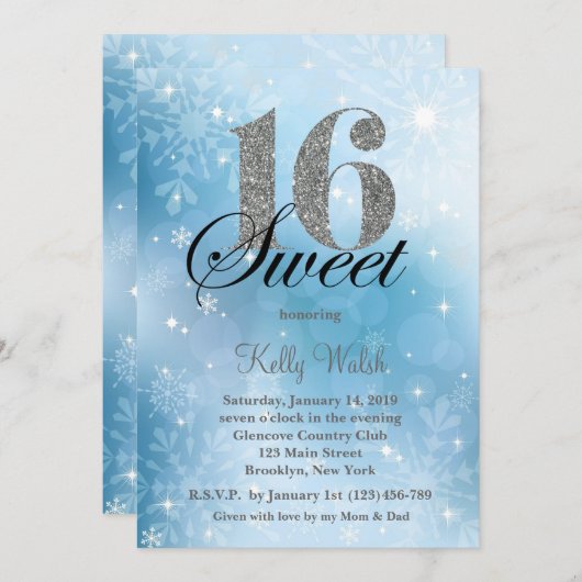 Schneeflocke-Bonbon 16 Einladung (Vorne/Hinten)
