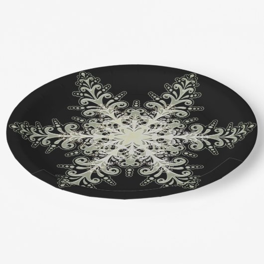 Schneeflocke eisige Spitze Winter weiß und schwarz Pappteller (Schrägansicht)